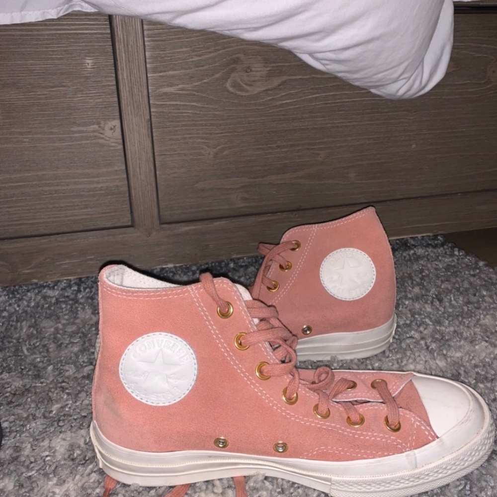 Rose pink with white accented suede converse